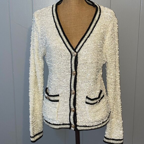 Sioni Cream and Black Sequin Cardigan Size Large - Picture 1 of 14